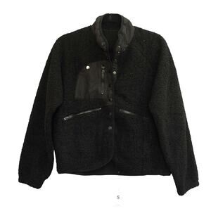 NWT Fashion Womens Snap Button Fleece Jacket Three Zipper Pockets Black Size S